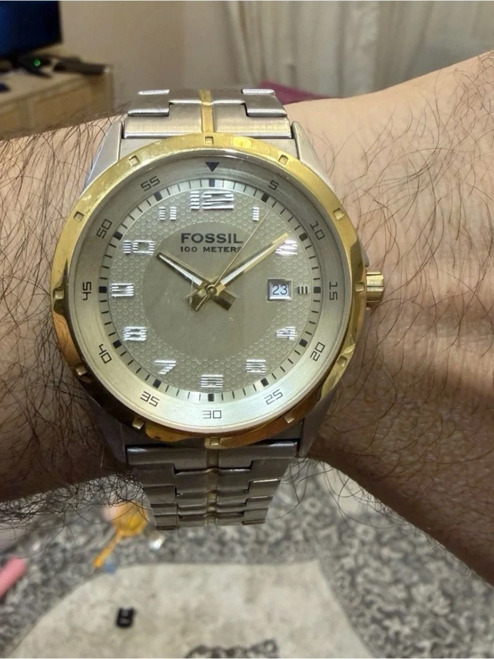 Fossil PR-5363 Men's Watch Two-Tone Gold Silver Stainless Steel Honeycomb Dial